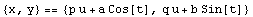 {x, y} == {p u + a Cos[t], q u + b Sin[t]}