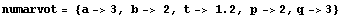 numarvot = {a -> 3, b -> 2, t -> 1.2, p -> 2, q -> 3}