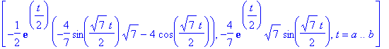 [-1/2*exp(1/2*t)*(-4/7*sin(1/2*7^(1/2)*t)*7^(1/2)-4*cos(1/2*7^(1/2)*t)), -4/7*exp(1/2*t)*7^(1/2)*sin(1/2*7^(1/2)*t), t = a .. b]