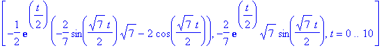[-1/2*exp(1/2*t)*(2/7*sin(1/2*7^(1/2)*t)*7^(1/2)+2*cos(1/2*7^(1/2)*t)), 2/7*exp(1/2*t)*7^(1/2)*sin(1/2*7^(1/2)*t), t = 0 .. 10], [0, 0, t = 0 .. 10], [-1/2*exp(1/2*t)*(-2/7*sin(1/2*7^(1/2)*t)*7^(1/2)-2...