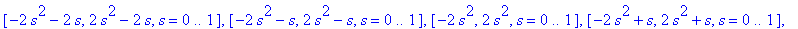 parvi := [2*s^2-2*s, -2*s^2-2*s, s = 0 .. 1], [2*s^2-s, -2*s^2-s, s = 0 .. 1], [2*s^2, -2*s^2, s = 0 .. 1], [2*s^2+s, -2*s^2+s, s = 0 .. 1], [2*s^2+2*s, -2*s^2+2*s, s = 0 .. 1], [s^2-2*s, -s^2-2*s, s =...