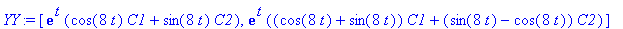 YY := vector([exp(t)*(cos(8*t)*C1+sin(8*t)*C2), exp(t)*((cos(8*t)+sin(8*t))*C1+(sin(8*t)-cos(8*t))*C2)])