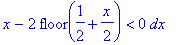 int(PIECEWISE([(x-2*floor(1/2+1/2*x))*(1-x+2*floor(1/2+1/2*x)), 0 < x-2*floor(1/2+1/2*x)],[(x-2*floor(1/2+1/2*x))*(1+x-2*floor(1/2+1/2*x)), x-2*floor(1/2+1/2*x) < 0]),x = -2 .. 0)