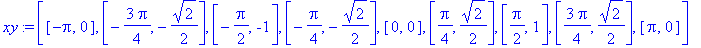 xy := [[-Pi, 0], [-3/4*Pi, -1/2*2^(1/2)], [-1/2*Pi, -1], [-1/4*Pi, -1/2*2^(1/2)], [0, 0], [1/4*Pi, 1/2*2^(1/2)], [1/2*Pi, 1], [3/4*Pi, 1/2*2^(1/2)], [Pi, 0]]