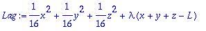 Lag := 1/16*x^2+1/16*y^2+1/16*z^2+lambda*(x+y+z-L)