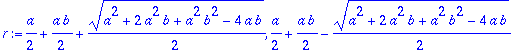 r := 1/2*a+1/2*a*b+1/2*(a^2+2*a^2*b+a^2*b^2-4*a*b)^(1/2), 1/2*a+1/2*a*b-1/2*(a^2+2*a^2*b+a^2*b^2-4*a*b)^(1/2)