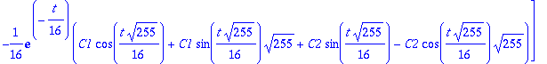 y := vector([exp(-1/16*t)*(C1*cos(1/16*t*255^(1/2))+C2*sin(1/16*t*255^(1/2))), -1/16*exp(-1/16*t)*(C1*cos(1/16*t*255^(1/2))+C1*sin(1/16*t*255^(1/2))*255^(1/2)+C2*sin(1/16*t*255^(1/2))-C2*cos(1/16*t*255...