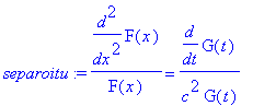 separoitu := 1/F(x)*diff(F(x),`$`(x,2)) = 1/c^2/G(t)*diff(G(t),t)