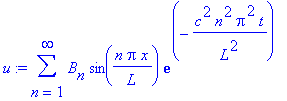 u := sum(B[n]*sin(n*Pi/L*x)*exp(-c^2*n^2*Pi^2/L^2*t),n = 1 .. infinity)