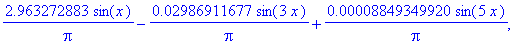 [4./Pi*sin(x)-.4444444444/Pi*sin(3*x)+.1600000000/Pi*sin(5*x), 3.619349672/Pi*sin(x)-.1806976265/Pi*sin(3*x)+.1313359978e-1/Pi*sin(5*x), 3.274923012/Pi*sin(x)-.7346617252e-1/Pi*sin(3*x)+.1078071520e-2/...