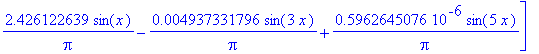 [4./Pi*sin(x)-.4444444444/Pi*sin(3*x)+.1600000000/Pi*sin(5*x), 3.619349672/Pi*sin(x)-.1806976265/Pi*sin(3*x)+.1313359978e-1/Pi*sin(5*x), 3.274923012/Pi*sin(x)-.7346617252e-1/Pi*sin(3*x)+.1078071520e-2/...