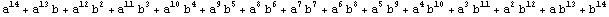a^14 + a^13 b + a^12 b^2 + a^11 b^3 + a^10 b^4 + a^9 b^5 + a^8 b^6 + a^7 b^7 + a^6 b^8 + a^5 b^9 + a^4 b^10 + a^3 b^11 + a^2 b^12 + a b^13 + b^14