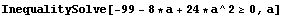 InequalitySolve[-99 - 8 * a + 24 * a^2 >= 0, a]