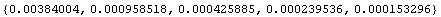 {0.0038400350120459947`, 0.0009585179667316313`, 0.00042588491898620795`, 0.0002395360242049005`, 0.00015329587255474841`}